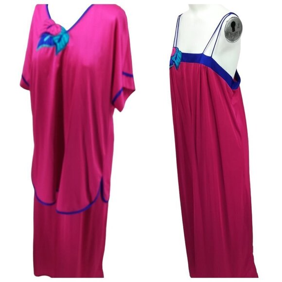 Vintage Pajama Chemise Cover Up Set Size M Pink Satin 80s Top Pajamas Nightgown - Picture 2 of 15